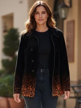 Women's Velvet Ombre Leopard-Print Jacket in Black & Orange